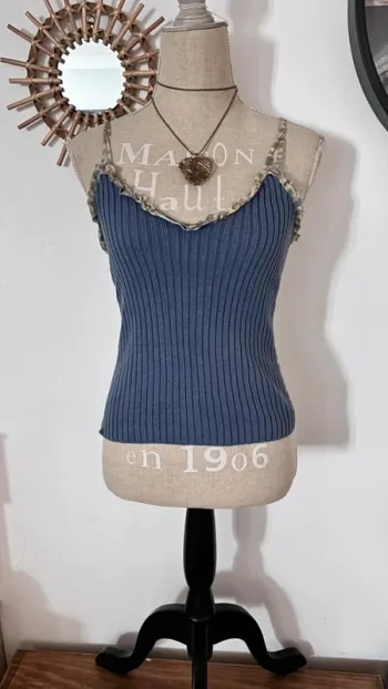 🌸 top court vintage année 2000 côtelé à l’avant bleu transparent léopard arrière taille 38 M #zara