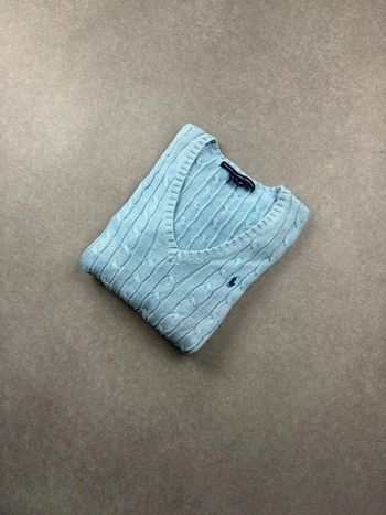 Pull d’hiver torsadé en maille Ralph Lauren bleu clair col V taille S femme