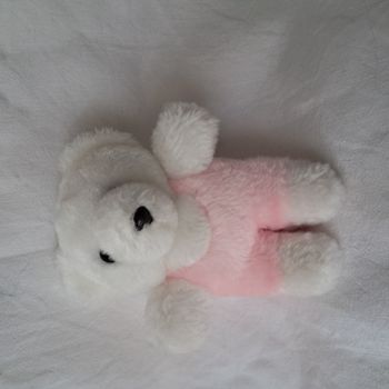 Peluche doudou petit ours ourson blanc et rose Hauteur 14 cm vintage 90's