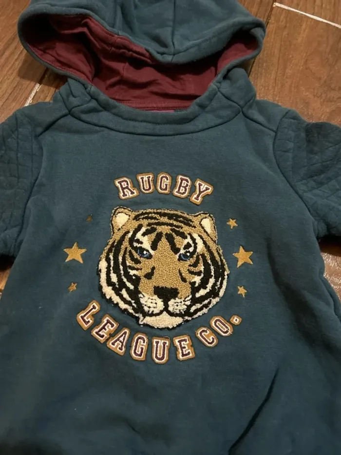 Sweat Pull à capuche garçon bleu canard motif rugby tigre sergent major taille 3 ans 98 cm - photo numéro 2