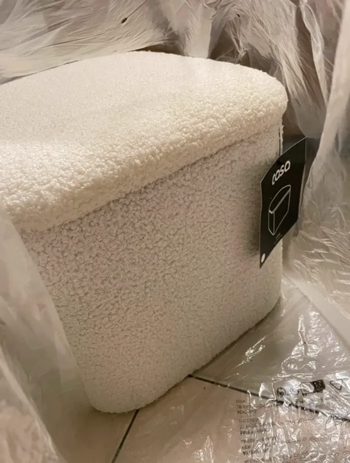 Pouf blanc avec coffre casa tissu bouclette - photo numéro 2
