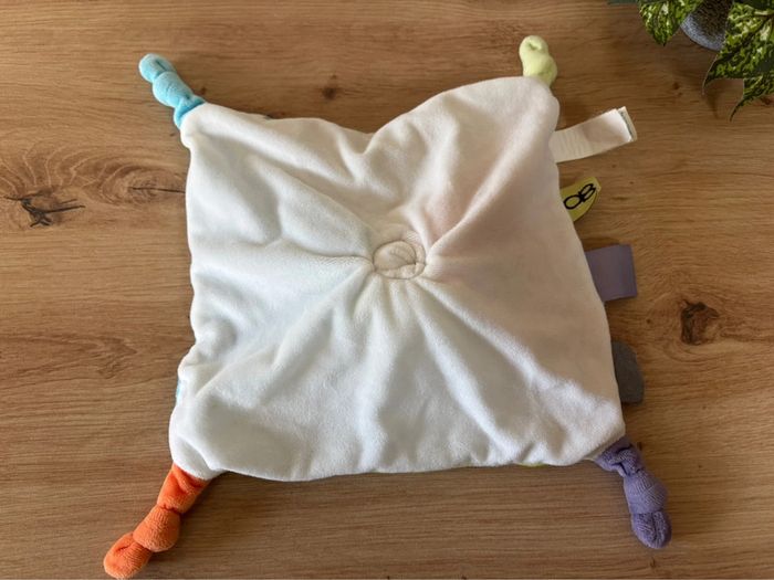 Doudou plat lapin bleu vert rayé orange étoile obaibi - photo numéro 3