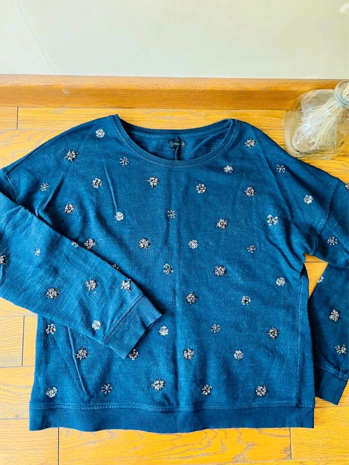 Sublime pull bleu marine oysho à perles brodé en coton taille L - photo numéro 5