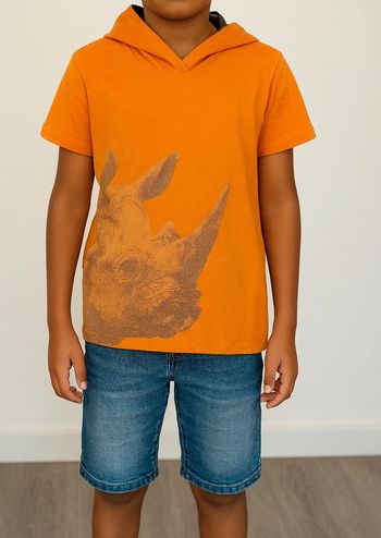 🧡 T-shirt orange à capuche avec imprimé rhinocéros
taille 10 ans.