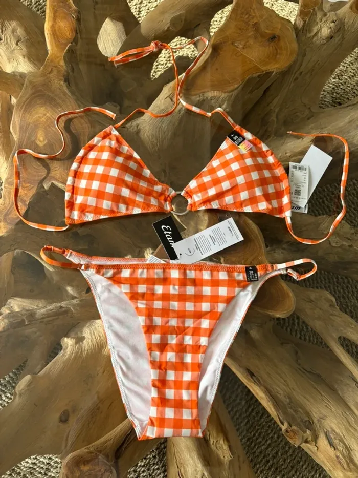 Maillot de bain 2 pièces Etam carreaux orange blanc 38