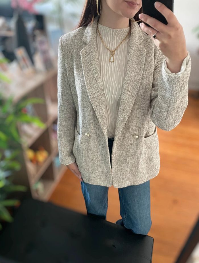 Veste blazer couleur marron crème chiné boutons blanc et doré chic H&M - photo numéro 2