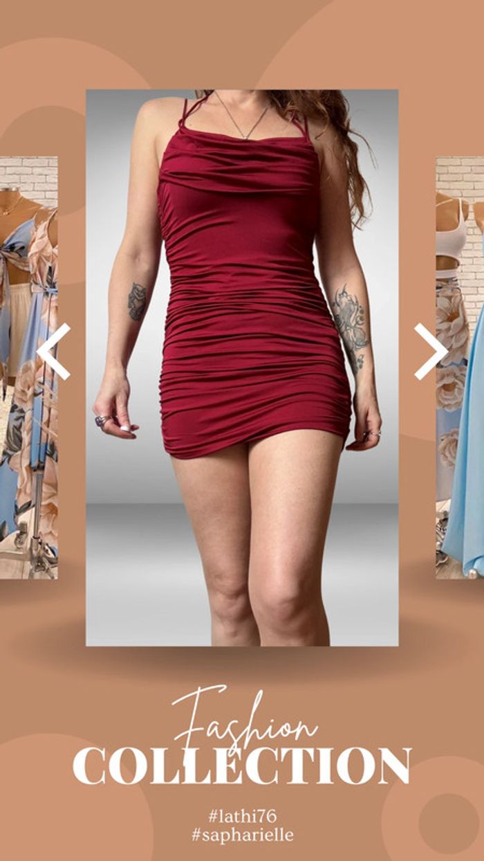 Superbe petite robe sexy plissée devant, froncée sur les côtés et derriere, rouge pourpre