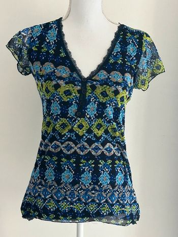 Blouse Manches Courtes Bleue Motif Géométrique - Taille 36 - Chic Fabriqué en Italie, Très Bon État