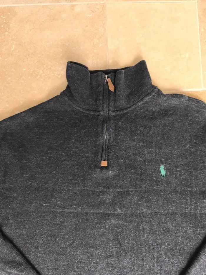 Pull quart zip camionneur gris foncé logo vert Ralph Lauren homme L excellent état - photo numéro 4