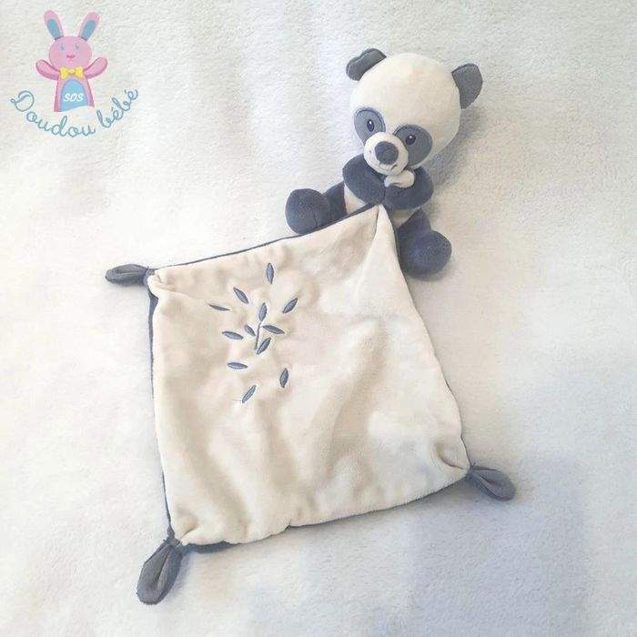 Doudou Panda bleu blanc mouchoir feuilles Nicotoy