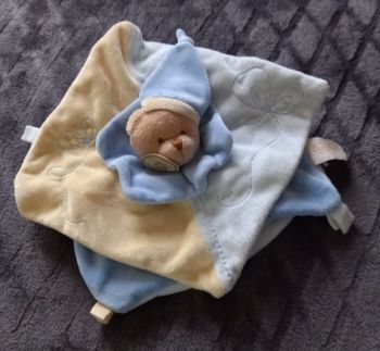 Doudou ours carré plat jaune et bleu - Baby Nat