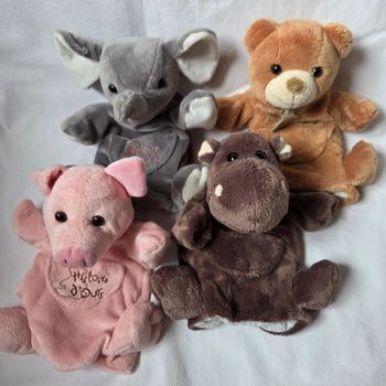 Lot de 4 marionnettes Éléphant/ ours/ cochon/ Hippopotame- Histoire d'ours 