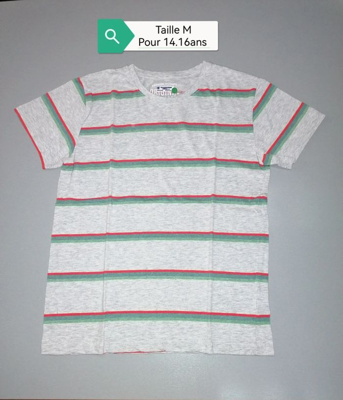 Tee-shirt gris rayé couleurs été M pour un 14.16ans (mesures en photos