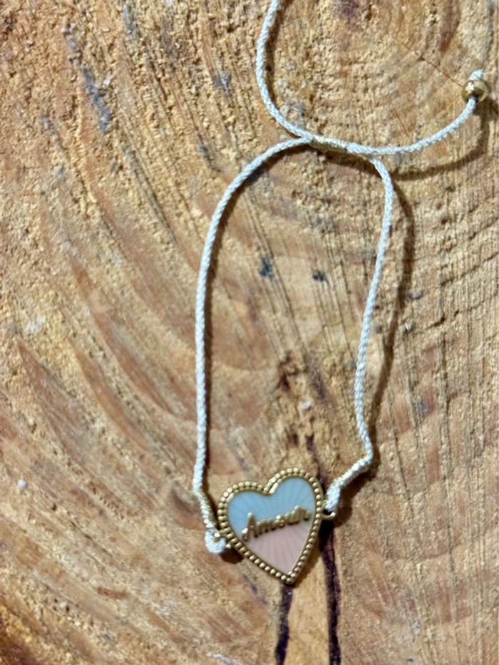 Bracelet réglable cordon doré cœur résine ciel et nude acier inoxydable or - photo numéro 4