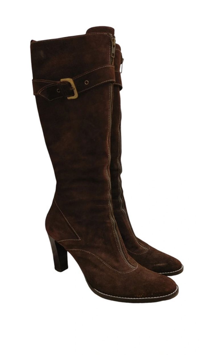Bottes haute d'hiver intégralement fourré en laine daim marron talon carré bloc - photo numéro 2