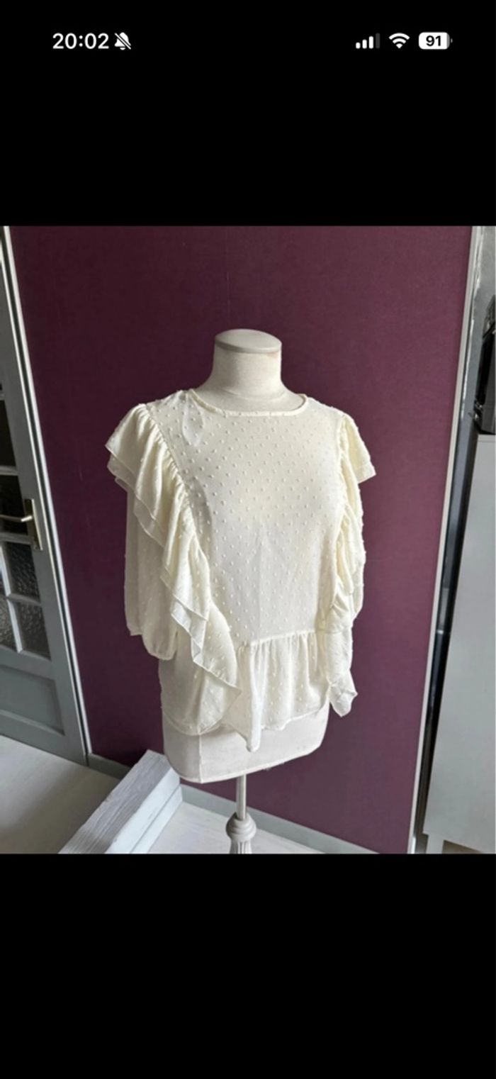 Blouse à petit pois et volants fermeture bouton cou manche mi longue transparente