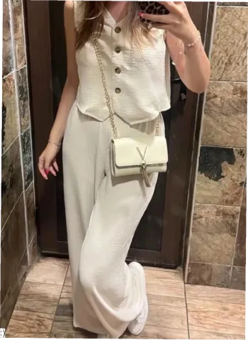 Ensemble Femme Deux Pièces Gilet Pantalon Beige Effet Lin - Taille S Neuf Jamais Porté