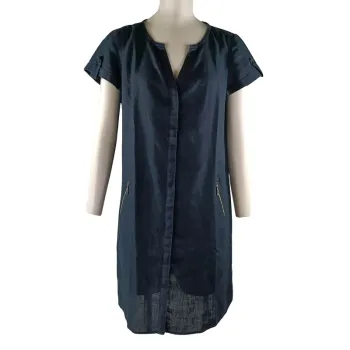 Robe droite bleu marine en 100 % lin, col V zippé – Caroll T.40 A1122