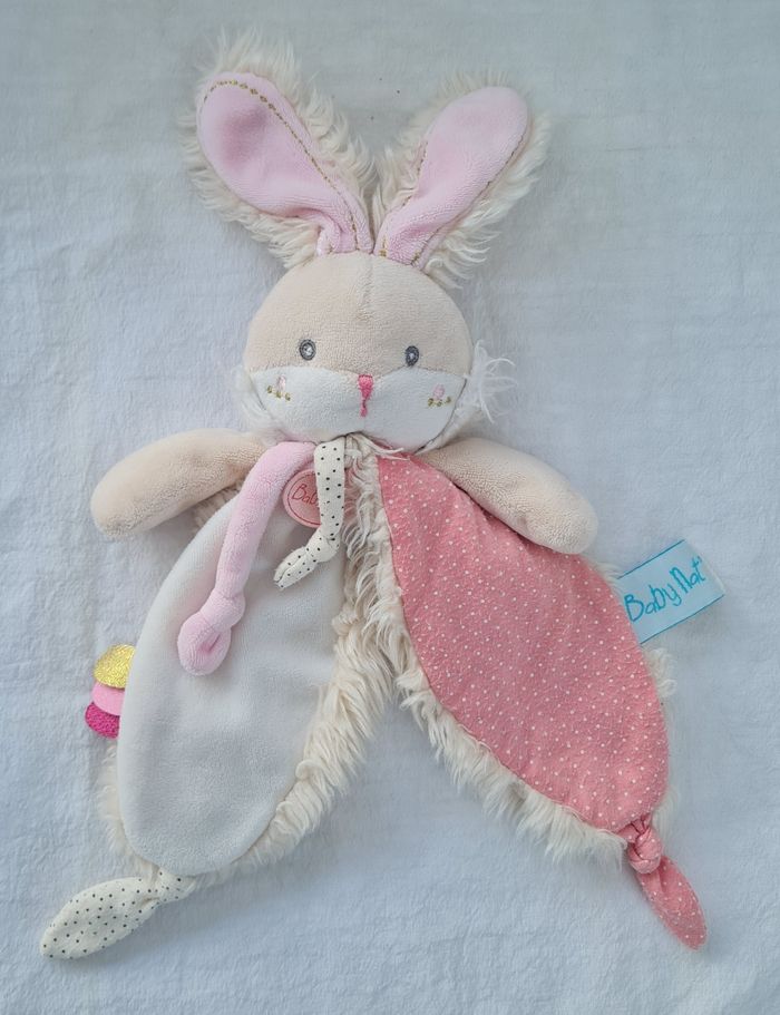 Doudou plat Lapin papuche rose et blanc- Baby nat