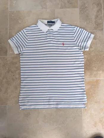 Magnifique polo Ralph Lauren homme taille L marinière claire et logo rouge brodé - micro tâches