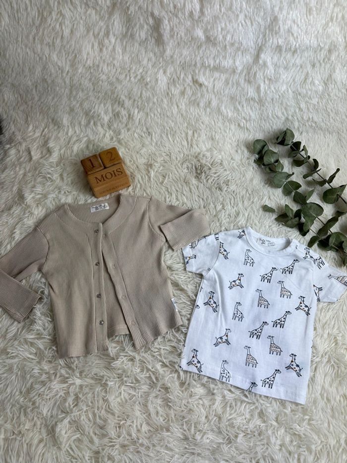 🦒 Gilet côtelé et t-shirt girafes BabyBol – Taille 12 mois