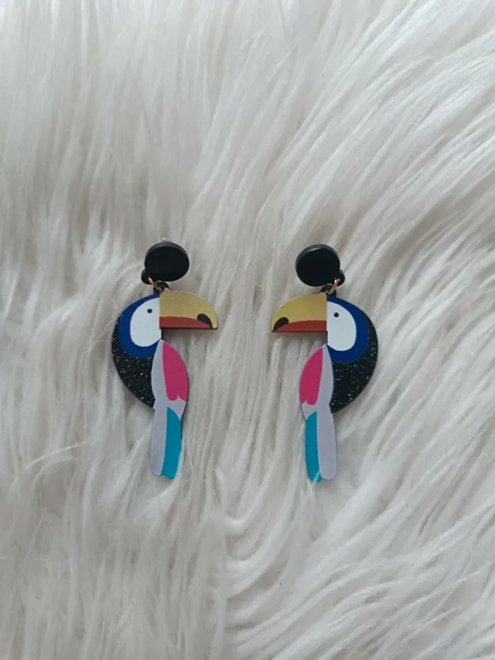 Boucles d'oreilles légères toucan paillettes en acrylique et acier inoxydable Neuf