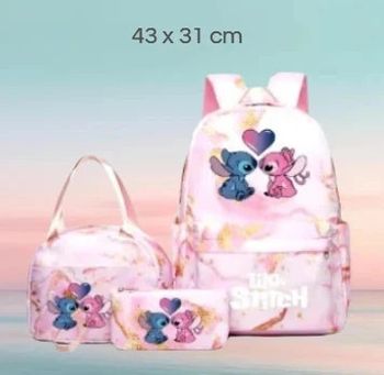🌸 Ensemble scolaire Sac à Dos, Lunchbox et Trousse Stitch & Angel rose