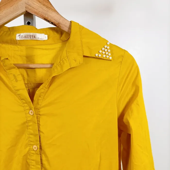 Robe chemise jaune moutarde Beauty Fashion col à strass ceinture T40 100 % polyester A1269 - photo numéro 3