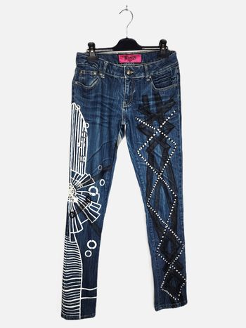 Jeans Femme Save The Queen Taille L FR39/40 W30 - Denim Brodé Motifs Graphiques Fantaisie