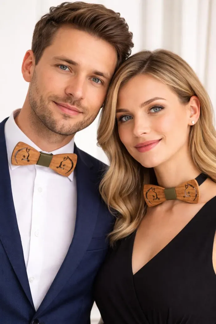 Noeud papillon femme en bois de merisier massif sur le thème du chat - photo numéro 2