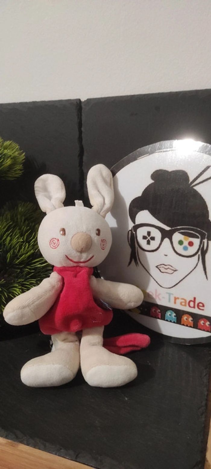 Doudou attache tétine sucette lapin Sucre d'orge rouge beige blanc spirale