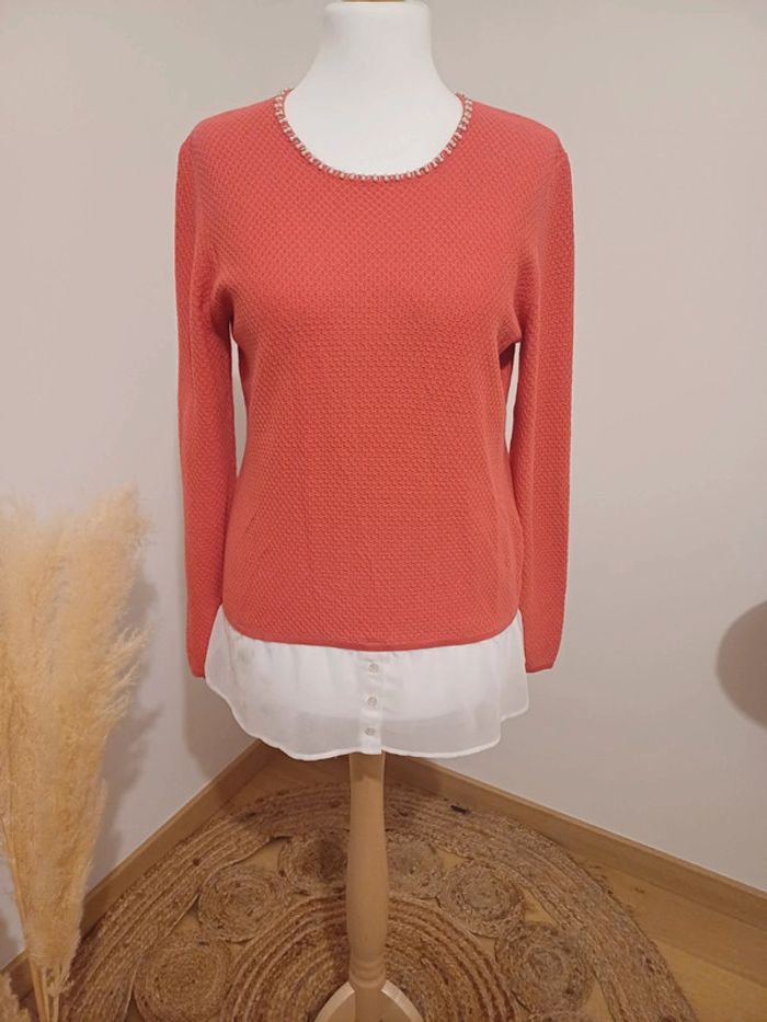 Pull chic rose/Corail avec Perles Anne Weyburn taille L 40 - photo numéro 2
