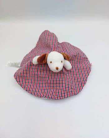 Doudou rond JACADI ours blanc chien réversible carreaux bleu rouge attache tétine