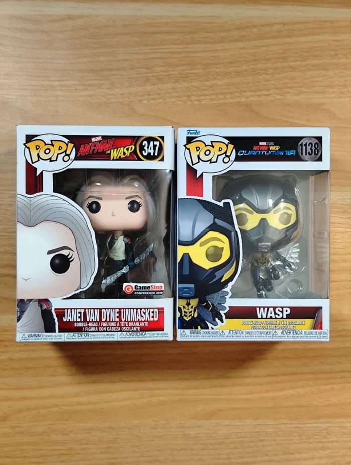 Lot 2 Funko Pop Wasp 1138 (Ant-Man Quantumania) & Janet Van Dyne Unmasked 347 (Ant-Man And The Wasp)