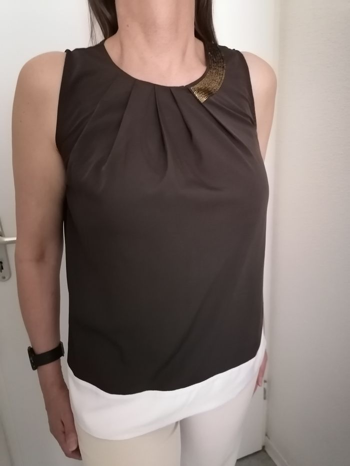 Haut femme chocolat crème et sequins dorés - photo numéro 3