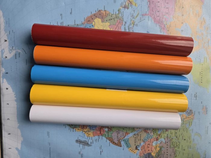 vinyles permanent Rouge, orange, bleu, jaune et Blanc pour machine de découpe cricut, (5x1 m)
