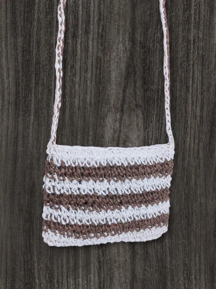 Set sac rectangle anse + porte-monnaie bandoulière paille papier rayé blanc marron - photo numéro 9