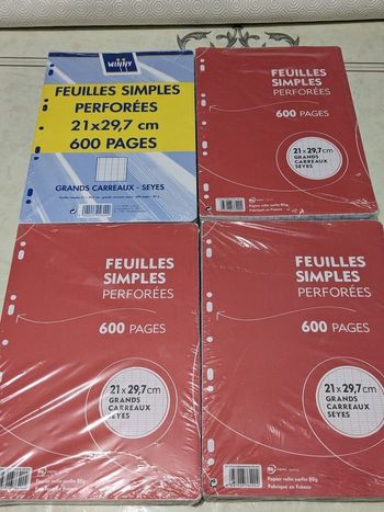 Lot de 4 paquets de feuilles simples perforées. Taille 21x 29,7 cm