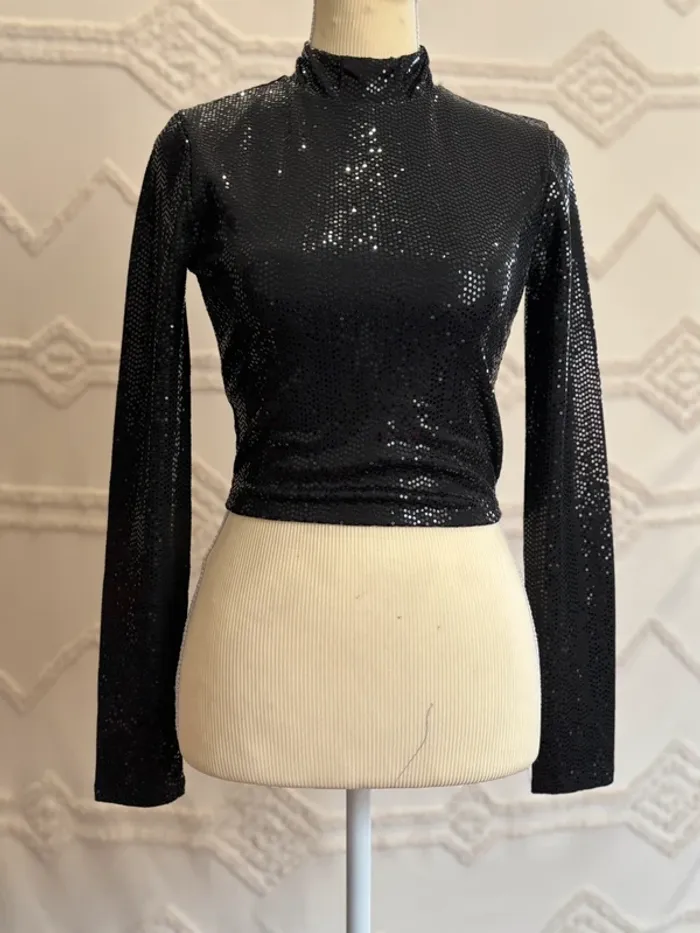 Top noir à sequins dos-nu Tally Weijl – col montant manches longues – taille S – état neuf y2k - photo numéro 3