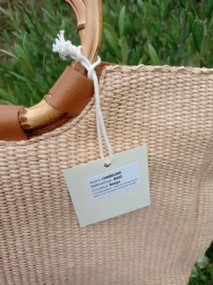 Magnifique sac en raphia tricoté laine beige garni cuir de vachette Cherry Paris - photo numéro 6