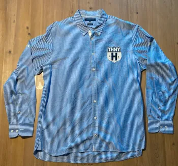 Chemise Tommy Hilfiger rayée bleue & blanche Custom Fit XL – écusson THNY