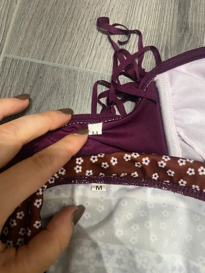 Maillot de bain bikini bordeaux blanc 2 pièces à franges taille haute - photo numéro 4