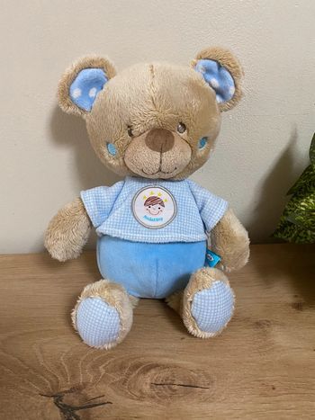 Doudou peluche ours beige bleu carreau rocket boy tex