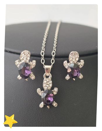 Parrure collier + pendentif + boucle d'oreilles tortue pierre d'ornement violet