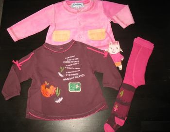 LOT 3 PCS BÉBÉ FILLE : GILET + TEE SHIRT ML + COLLANT "LA COMPAGNIE DES PETITS" - 6 MOIS - n°01