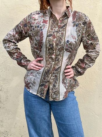 Chemise motifs fleuris 100% ramie - kaki, crème, marine et fluo rose