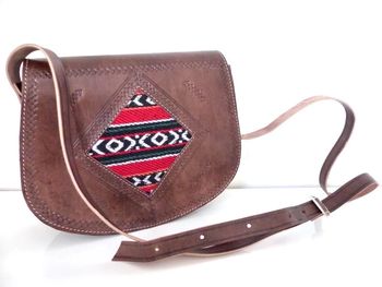 Sac bandoulière NEUF marron cuir pleine fleur tannage naturel & laine Kilim Besace Ethnique
