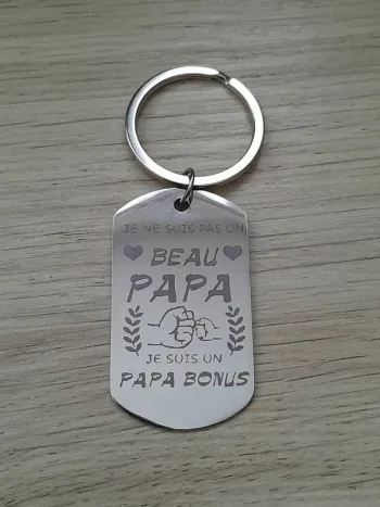 Porte clés, acier inoxydable, "Beau-papa "argenté