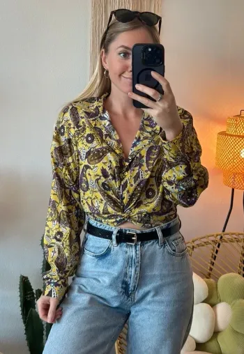Blouse courte imprimé cachemire paisley jaune et violet, taille XS - Zara