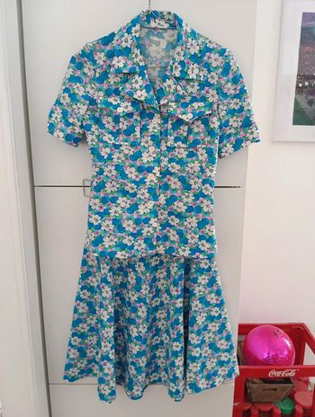 Magnifique Ensemble vintage 70's bleu fleurs roses /blanches taille 34